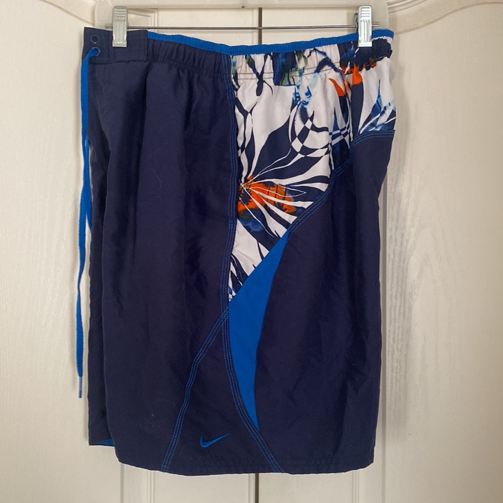 NIKE Swim Trunks Blue Tropic Floral Color Block Lined L Large EUC $64